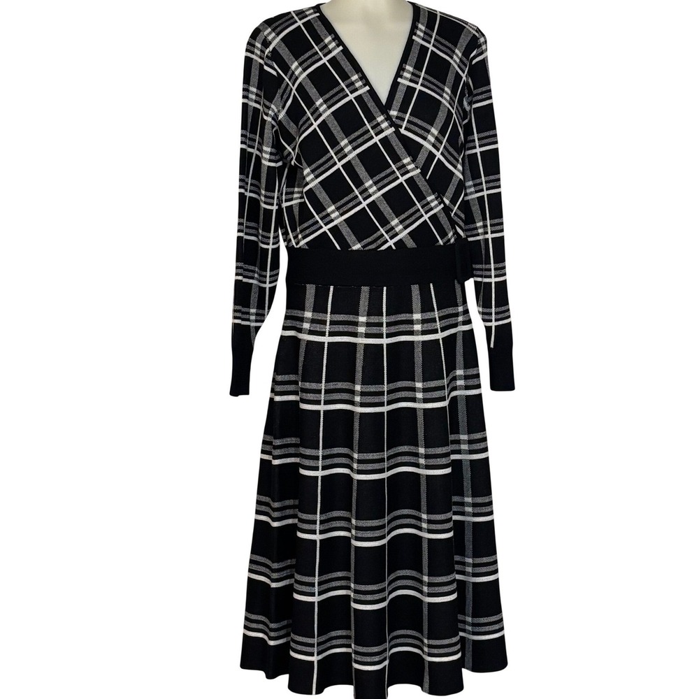 Robbie Bee Womens XLG Black White Plaid Wrap Knit Midi Dress Long Sleeve Belted